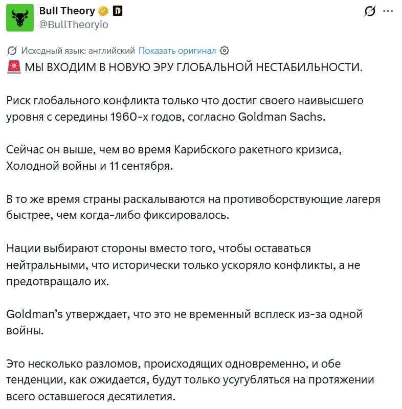 Риск глобального конфликта достиг рекордного уровня за последние 60 лет, заявляют в Goldman Sachs.
