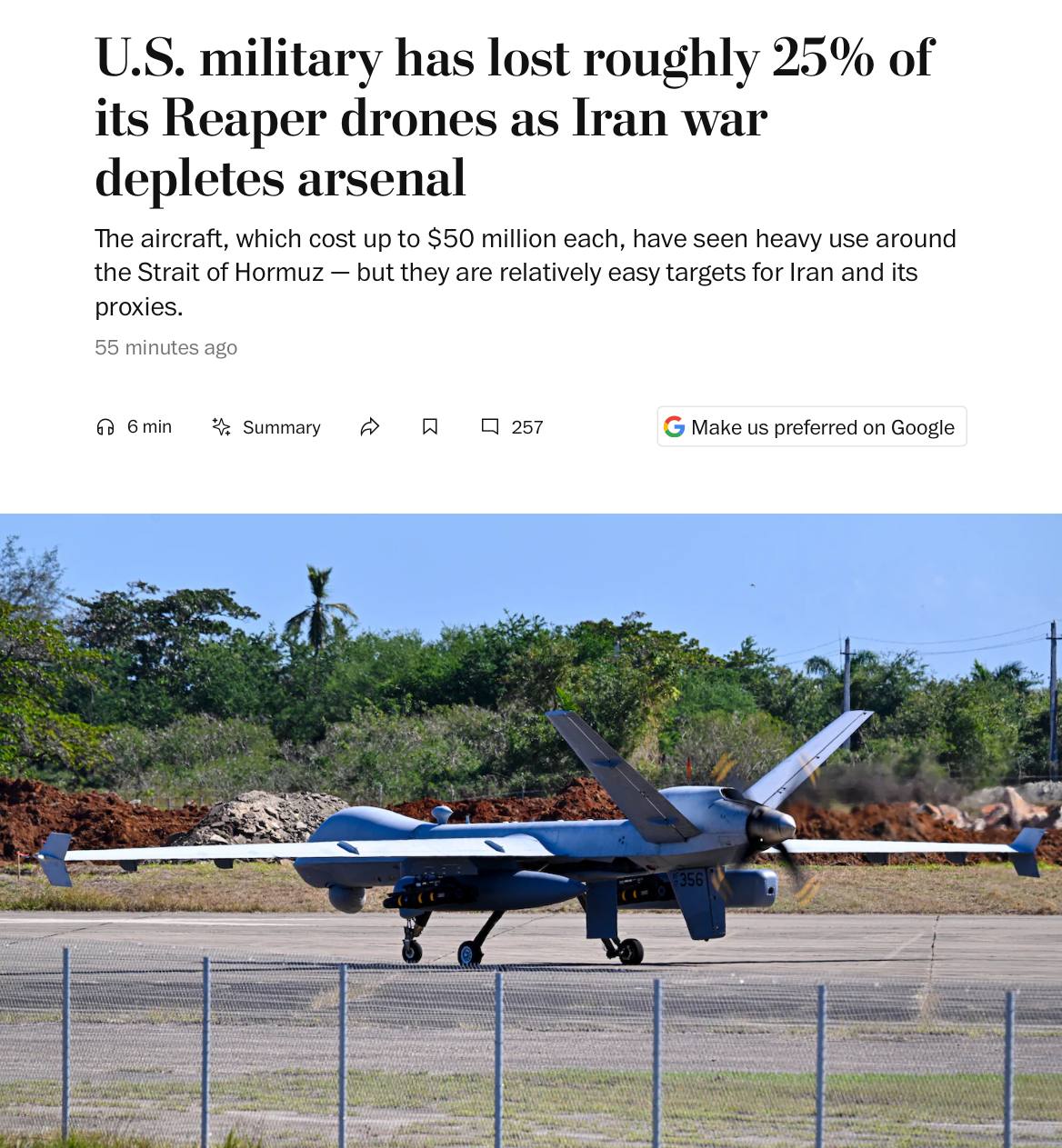 США потеряли четверть беспилотников MQ-9 Reaper в войне с Ираном