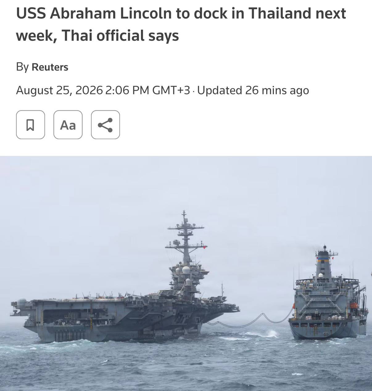 Авианосец США USS Abraham Lincoln прибудет в Таиланд после 200 дней в море