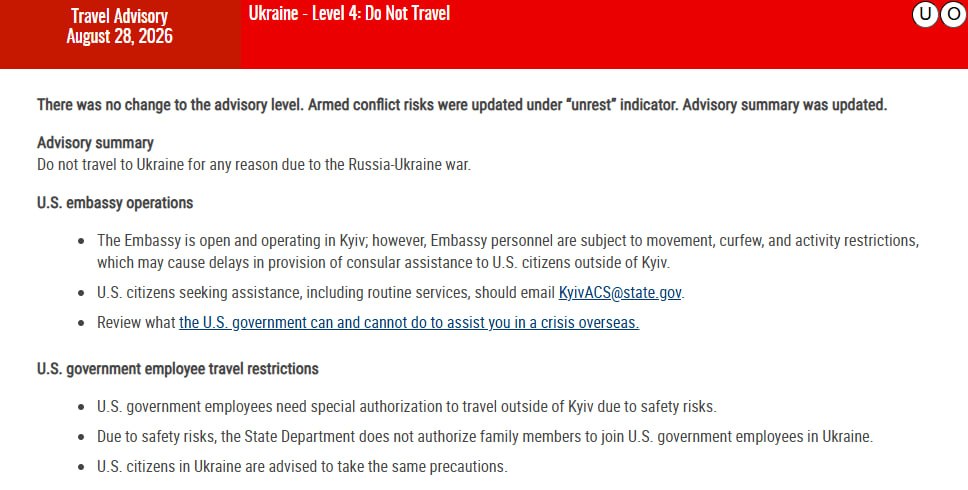 Госдеп США обновил предупреждение для граждан по Украине