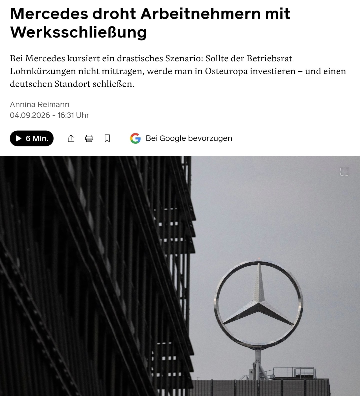 Mercedes грозит закрыть завод в Германии из-за отказа сотрудников работать больше