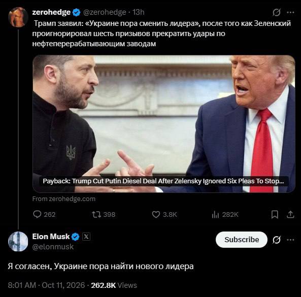Маск поддержал Трампа и заявил о необходимости нового лидера Украины