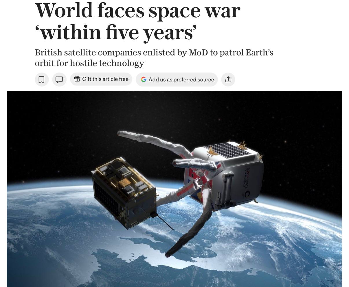 The Telegraph предупреждает о риске космической войны в ближайшие пять лет